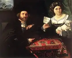 Linkes Bild: Lorenzo Lotto Ehemann mit Frau, 1523 mit einem „Bellini“-Teppich mit Schlüsselloch-Motiv. Rechtes Bild: Gebetsteppich mit „Schlüsselloch“-Muster, Anatolien, spätes 15.–frühes 16. Jh.