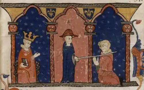 Raimund VII. unterwirft sich in Anwesenheit König Ludwigs IX. gegenüber Kardinal Romano Bonaventura der römischen Kirche, Darstellung aus der zweiten Hälfte des 13. Jahrhunderts