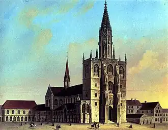 Das Münster nach der Turmvollendung 1856; kolorierter Stich von Ludwig Thümling nach C. Dyckerhoff