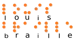 Die Grafik zeigt in Kleinbuchstaben den Namen „louis braille“ in Schwarz- und Brailleschrift. Die Braillezeichen sind grafisch dargestellt mit orangefarbenen Punkten, die einen leichten Schatten zu werfen scheinen; sie wirken dadurch erhaben, sind es aber freilich nicht wirklich.