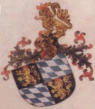 Wappen der Kurpfalz, mit Helm und Pfälzer Löwen als Helmzier; Stiftskirche (Neustadt an der Weinstraße), um 1420