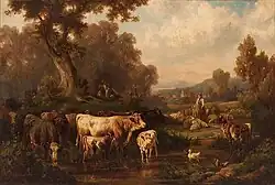 Bauern in der Landschaft mit Rindern