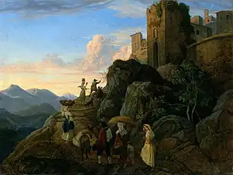 Civitella (Der Abend) (1827/28); die hell gekleidete Figur im Vordergrund stellt die Frau des Künstlers dar