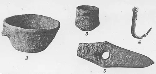 Schale, Miniatur-Urne, Angelhaken und facettierte Axt