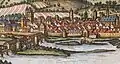 Unrealistische Darstellung des Doktorwerders (Mitte) an der Alten Werrabrücke auf einem Kupferstich von Frans Hogenberg, 1584 (Ausschnitt)