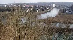 Mündung der Ager (von Westen kommend, rechts) in die Traun (von Süden kommend, Mitte)