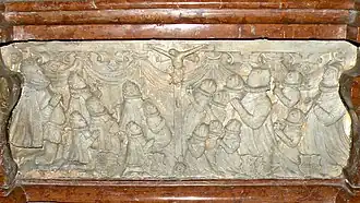 Lorenz Schütter, seine 14 Kinder, davon bereits 5 verstorben (mit †) und seine beiden Ehefrauen. Detail des Epitaphs