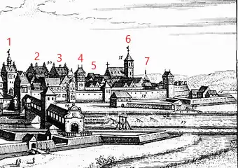 M. Merian 1648, Ausschnitt Zürch: 1&nbsp;Brückentor; 2&nbsp;Ebracher Hof, Wohnhaus; 3&nbsp;Ebracher Hof, Speicherbau; 4&nbsp;Zwingerturm; 5&nbsp;Kutschenstation; 6&nbsp;St.&nbsp;Salvator; 7&nbsp;Pulverturm. 1 und 4 sind nicht mehr erhalten
