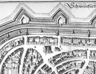 Stadtplan von M. Merian. Links Zeughaus, rechts Kilianskapelle. 1656