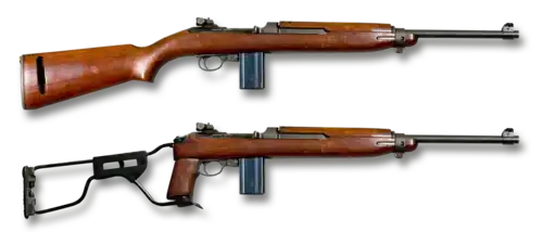 M1 Carbine (USA / WWII) mit Holzschaft und die Version M1A1 mit geändertem Pistolengriff und klappbarer, sog. „Skeleton“-Schulterstütze