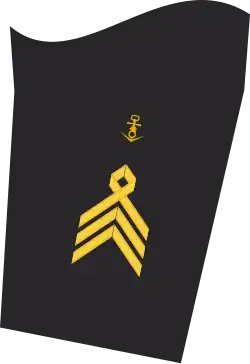 Dienstgradabzeichen eines Oberstabsbootsmannes (30er Verwendungsreihe) auf dem Unterärmel der Jacke des Dienstanzuges für Marineuniformträger