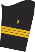 Dienstgradabzeichen eines Oberstabsarztes (Approbation für Humanmedizin) auf dem Unterärmel der Jacke des Dienstanzuges für Marineuniformträger