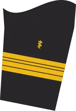 Dienstgradabzeichen eines Flottillenarztes (Approbation für Humanmedizin) auf dem Unterärmel der Jacke des Dienstanzuges für Marineuniformträger