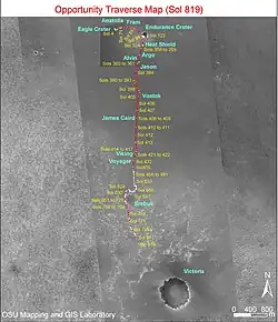 Fahrstrecke von Opportunity. Erebus befindet sich etwa in der Mitte des Bildes.