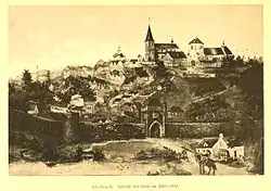 Bei diesem Bild handelt es sich um eine Fälschung. Es wurde eigens dazu angefertigt, um eine Erweiterung der Schankerlaubnis der Wirtschaft "Zum Gutenberg" von Ernst Wilms zu erlangen. Michael Wefers, Autor des "Findelkindes von Gladbach" war daran maßgeblich beteiligt. Quellen u. A: Rh. L. Z., 19. Mai 1940: Alt Gladbachs echtes und falsches Stadtbild. Eine Anfrage im Mönchengladbacher Stadtarchiv genügt. Da ist die Fälschung bekannt.