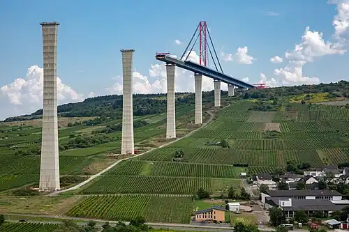 Vorschub des mittels Hilfspylon frei auskragenden Überbaus , August 2016