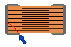 Open-Mode-Design-MLCC: Bei einem Bruch der Keramik wird lediglich die Kapazität reduziert.