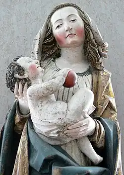 Madonna mit Kind aus Horgenzell-Ringgenweiler (Detail). Lindenholz mit alter Fassung, ursprünglich holzsichtig, Oberschwaben um 1500