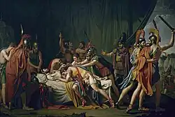 Ölgemälde von mehreren römischen Soldaten, die um ein Bett mit einem blassen Männerkörper versammelt sind. Drei Menschen hinter dem Bett greifen nach dem Toten und der Mann vor dem Bett liegt halb auf dem Toten. Einige Soldaten heben ihre Schwerter und einige stützen sich mit gesenktem Haupt auf ihre Speere. Ein großer, dunkelgrüner Vorhang hängt hinten und rechts steht ein Zeltlager mit vielen Soldaten.