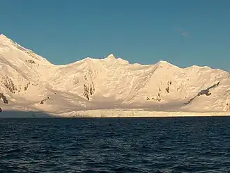 Blick von der Bransfieldstraße auf den Magura-Gletscher (Hintergrund: Tangra Mountains)