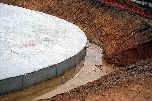Frisch gegossenes Betonfundament einer Windkraftanlage in pleistozänem Kolluvium