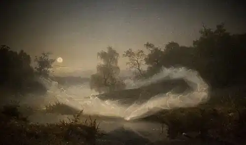 Auf dem Gemälde Älvalek (Elfenspiel, auch Tanzende Feen) des schwedischen Malers August Malmström aus dem Jahr 1866 tanzen Elfen, teils deutlich, teils fast im Nebel verschwindend in einer mondbeschienenen Landschaft über dem Wasser.