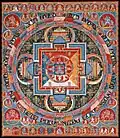 Tibetisches Mandala der sechsarmigen Göttin Jnanadakini, umgeben von vier Schutzgöttinnen, Ende 14. Jahrhundert