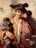 Porträt eines spanischen Musikers mit seinem Affen, Aquarell, um 1890