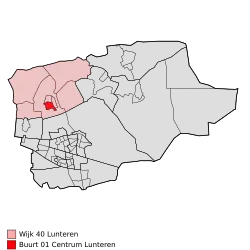 Das Gesamtgebiet von Lunteren (rosa) und das Stadtzentrum (rot) innerhalb der Gemeinde Ede (grau)