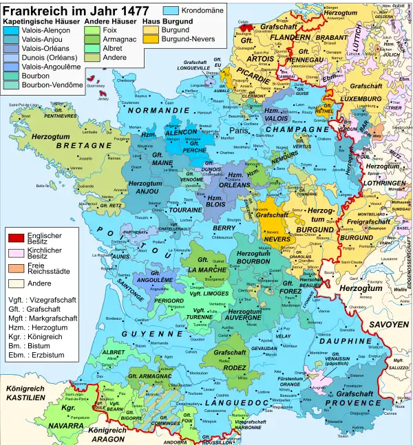 Alle Fürstenhäuser sowie englischer und kirchlicher Besitz sind farbig markiert und in der Legende erläutert.