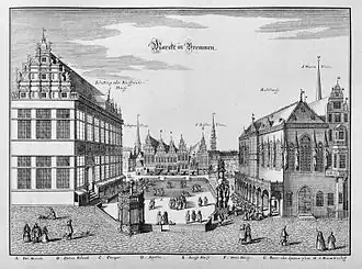 Renaissancefassade 1641, Marckt in Bremmen, Matthäus Merian d.&nbsp;Ä.[17]