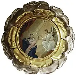 Tondo einer Rosenkranzgirlande in der Pfarrkirche Faistenau – Mariæ Verkündigung. Paul Mödlhammer 1721.