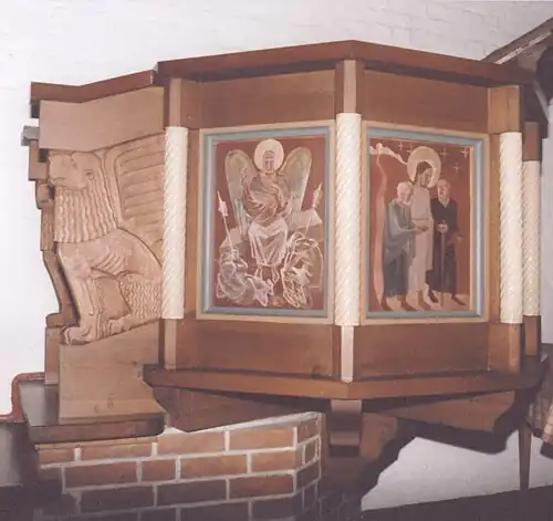 Rechts eine Pfingstdarstellung als Ausgießung des Heiligen Geistes (Apg 2,4f EU), daneben die Bekehrung des Paulus vor Damaskus (Apg 9,3ff EU)