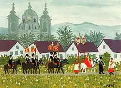 Weingartener Blutritt, Reitergruppe vor der Basilika, Stadt Weingarten