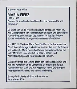 Gedenktafel von Maria Fierz am Schanzengraben 29, Zürich