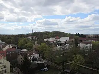 Blick auf den Marienberg vom Kirchturm St. Gotthardt; Friedenswarte auf der Hügelkuppe