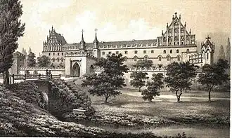 Das Ordensschloss vom Haupteingang, um die Mitte des 19. Jahrhunderts (Lithographie).