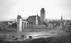 Marienwerder um die Mitte des 19.&nbsp;Jahrhunderts – mit der evangelischen Kirche auf der re. Seite.