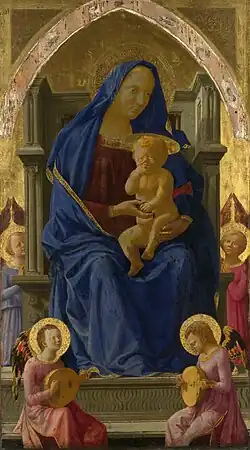 Thronende Madonna mit Kind und Engeln, Mitteltafel des Altarretabels für Santa Maria del Carmine, Pisa, Tempera und Gold auf grundierter Holztafel, um 1426, National Gallery, London
