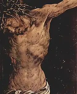 Detail der Kreuzigungs­tafel des Isenheimer Altars von Matthias Grünewald, Anfang 16.&nbsp;Jahrhundert.