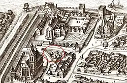 Die Lage des Friedhofs bei der Theodorskirche, damals noch Rebgelände. Darstellung aus dem Plan von Matthäus Merian, 1615