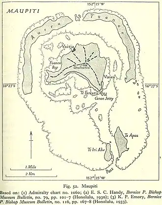 Karte des Atolls. Dargestellte und aktuelle Namen der Motus: Te Iri Ahe = Pitiahe Te Apaa = Tiapaa Auera = Auira Tuanae = Tuanai (nördl. Motu) = Paeʻao