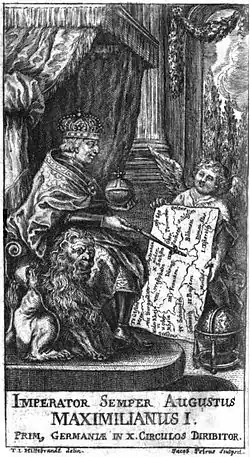 Maximilian I. bei der Einteilung der Reichskreise (Titelbild zu Tromsdorffs Geographie von ganz Teutschland, 1711)