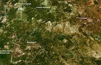 Ebene Megalopoli, Landsat7, GeoCover 2000. Ansicht aus 20&nbsp;km Höhe