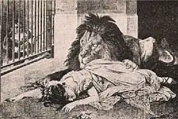 Die Löwenbraut (1875) in einer Reproduktion auf Veltees Stadtpanoptikum um 1890, Verbleib des Originals unbekannt