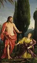 Ölgemälde eines halbnackten Mannes mit rotem Tuch um die Schulter und die Beine, der seine linke Hand über eine kniende Frau hält. Die Frau im gelben Kleid mit violettem Tuch kniet rechts von ihm im Gras und streckt ihre Arme leicht in seine Richtung aus. Im Hintergrund sind Zypressen und Ruinen zu sehen.