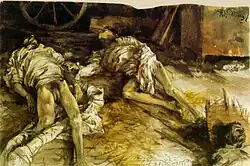 Adolph von Menzel: Drei gefallene Soldaten in einer Scheune, 1866