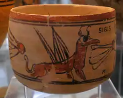 In der meroitischen Periode erlebte die Keramikproduktion eine Blüte. Hier ein Tongefäß, das bei Faras gefunden wurde (London, Britisches Museum).