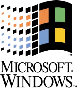 Das alte Windows-Logo als stilisiertes Fenster mit Fensterkreuz und sehr dicken Linien, die Butzenscheiben in Rot, Grün, Blau und Gelb flächig gestaltet, der linke Rand sich mosaikartig auflösend und die ganze Grafik in wehend-geschwungenen Querlinien gestaltet; darunter übereinander die Schriftzüge „Microsoft (R)“ und „Windows (TM)“ in serifenbetonter Schrift (Kapitälchen-Stil)