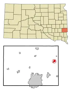 Lage von Garretson im Minnehaha County (unten) und in South Dakota (oben)